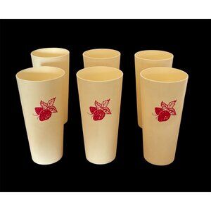 Vintage Nasco #1072  Beige/Red Plastic Tumblers Cups Red Strawberry Print Set 6